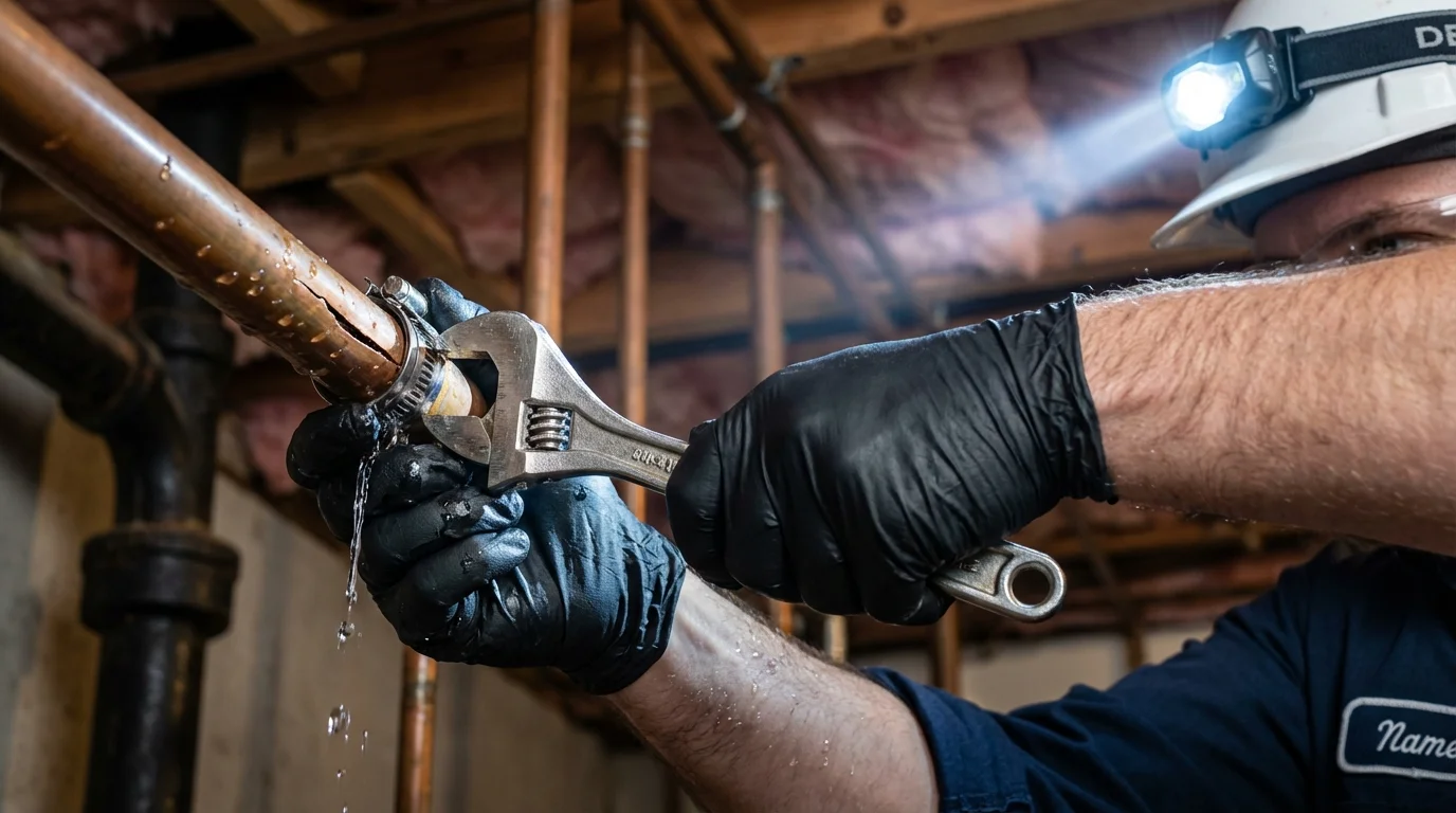 Emergency pipe clamp repair being performed by a Johns Plumbing LLC plumber in Jonesville